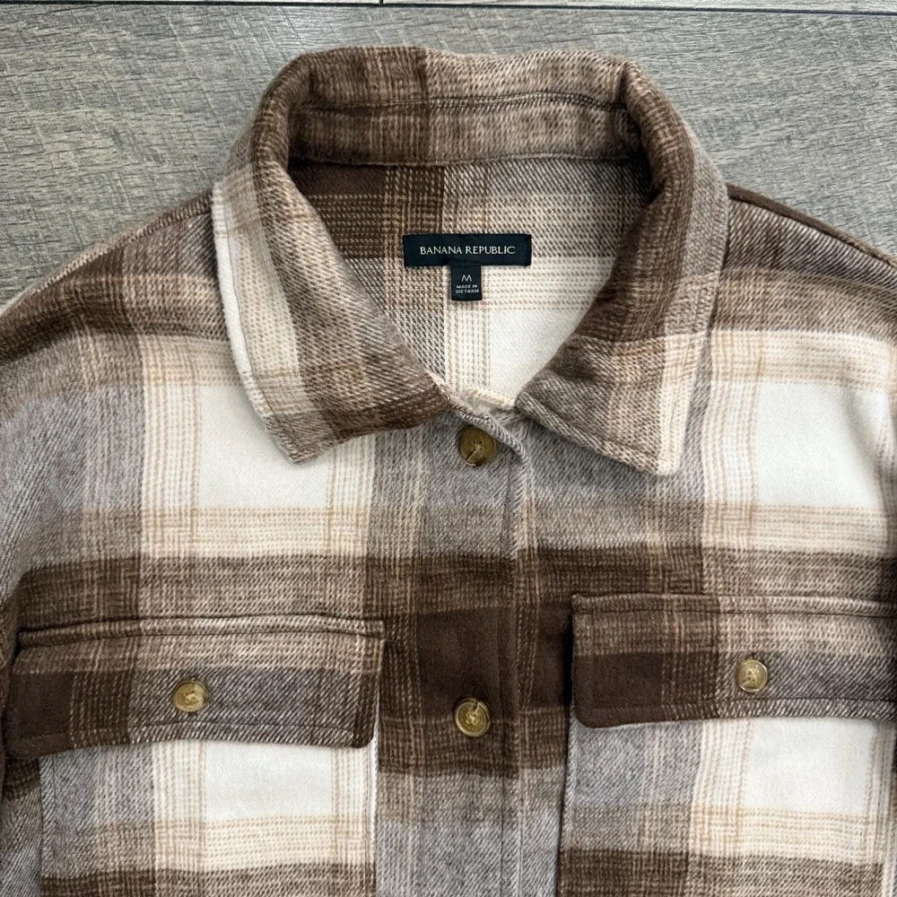 VTG Banana Republic Shirt Mens Medium Brown Plaid‎ Wool Blend Button Up Shacket